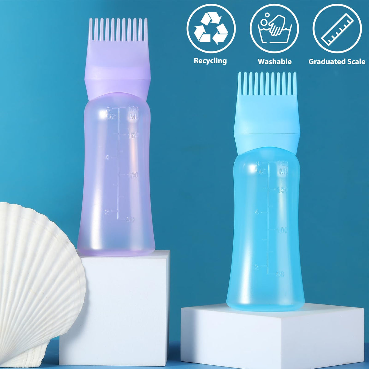 Two pack hair oiling bottles in purple and blue showing ergonomic curved design