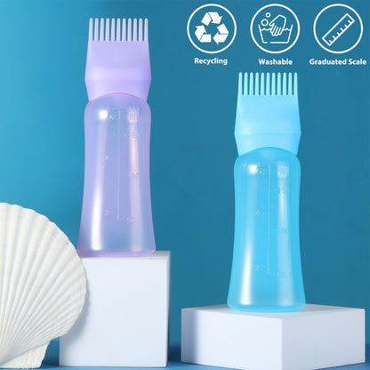 Two pack hair oiling bottles in purple and blue showing ergonomic curved design