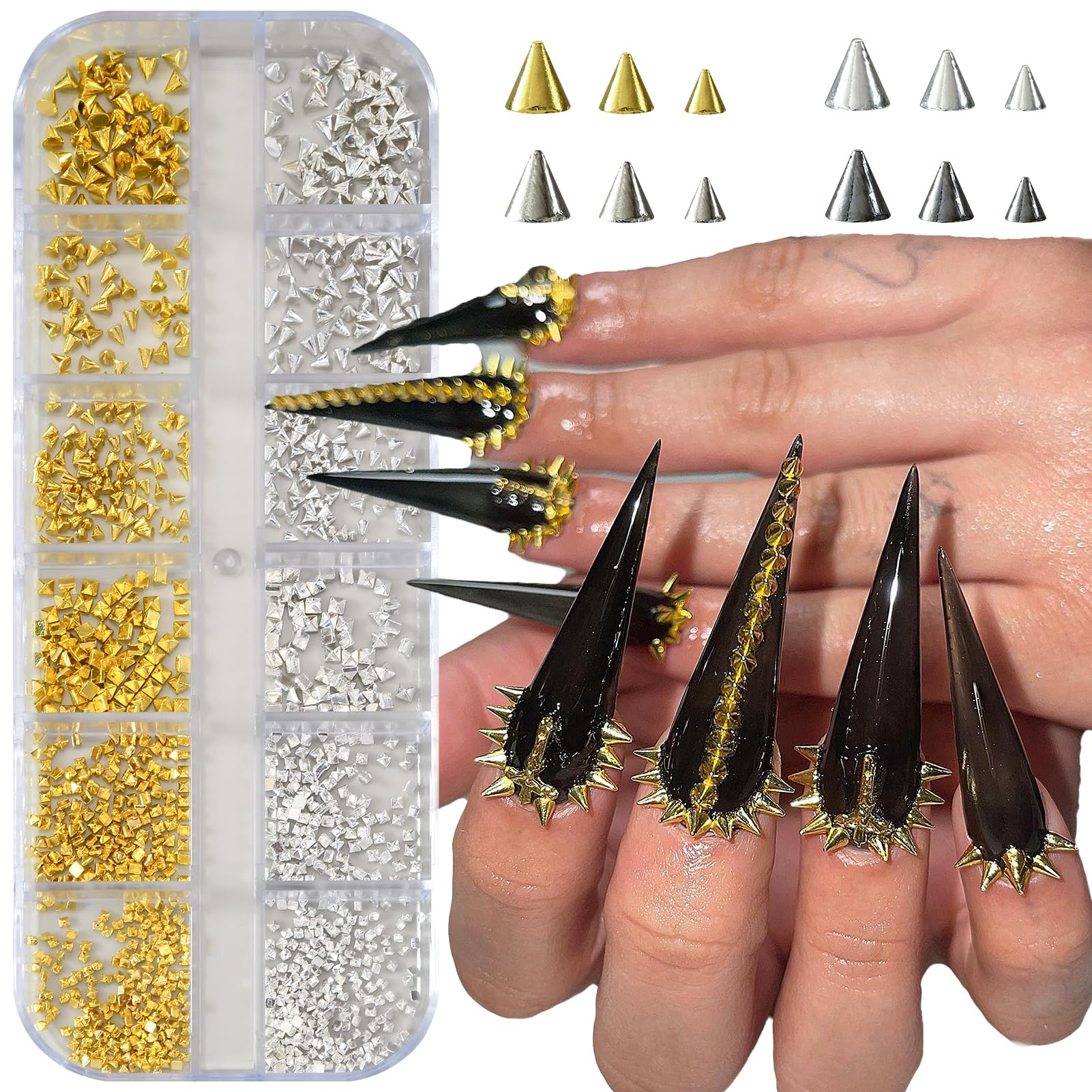 Close up view of Opmadm punk metal nail studs and tweezers