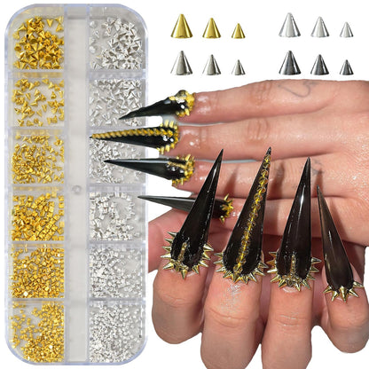 Close up view of Opmadm punk metal nail studs and tweezers