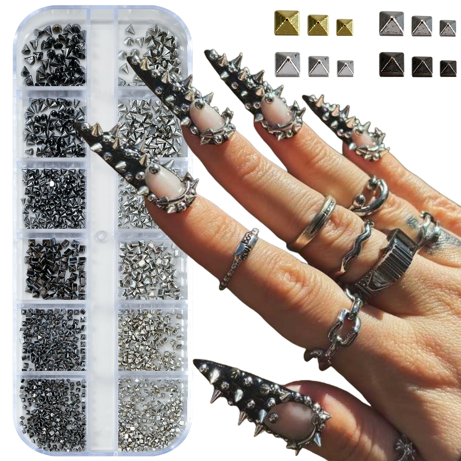 Gold and silver square metal nail art studs in storage box