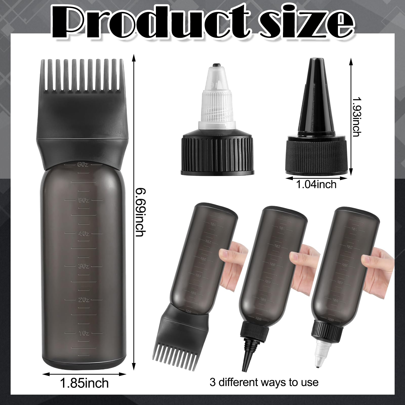 Black hair oil applicator bottle with comb cap attached on plain background