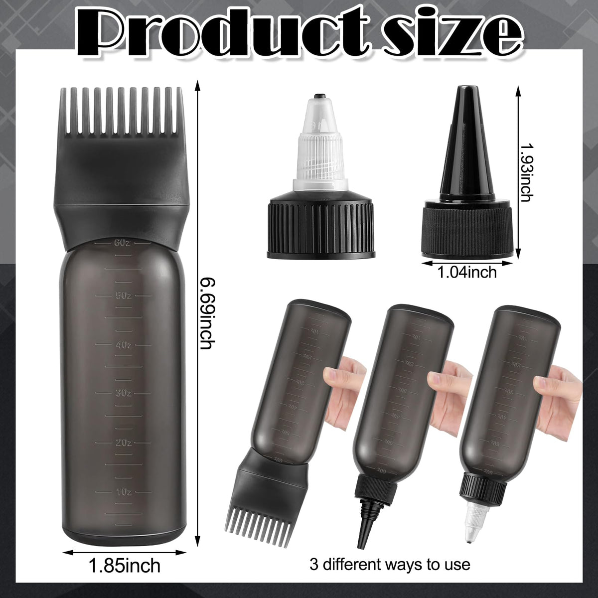 Black hair oil applicator bottle with comb cap attached on plain background