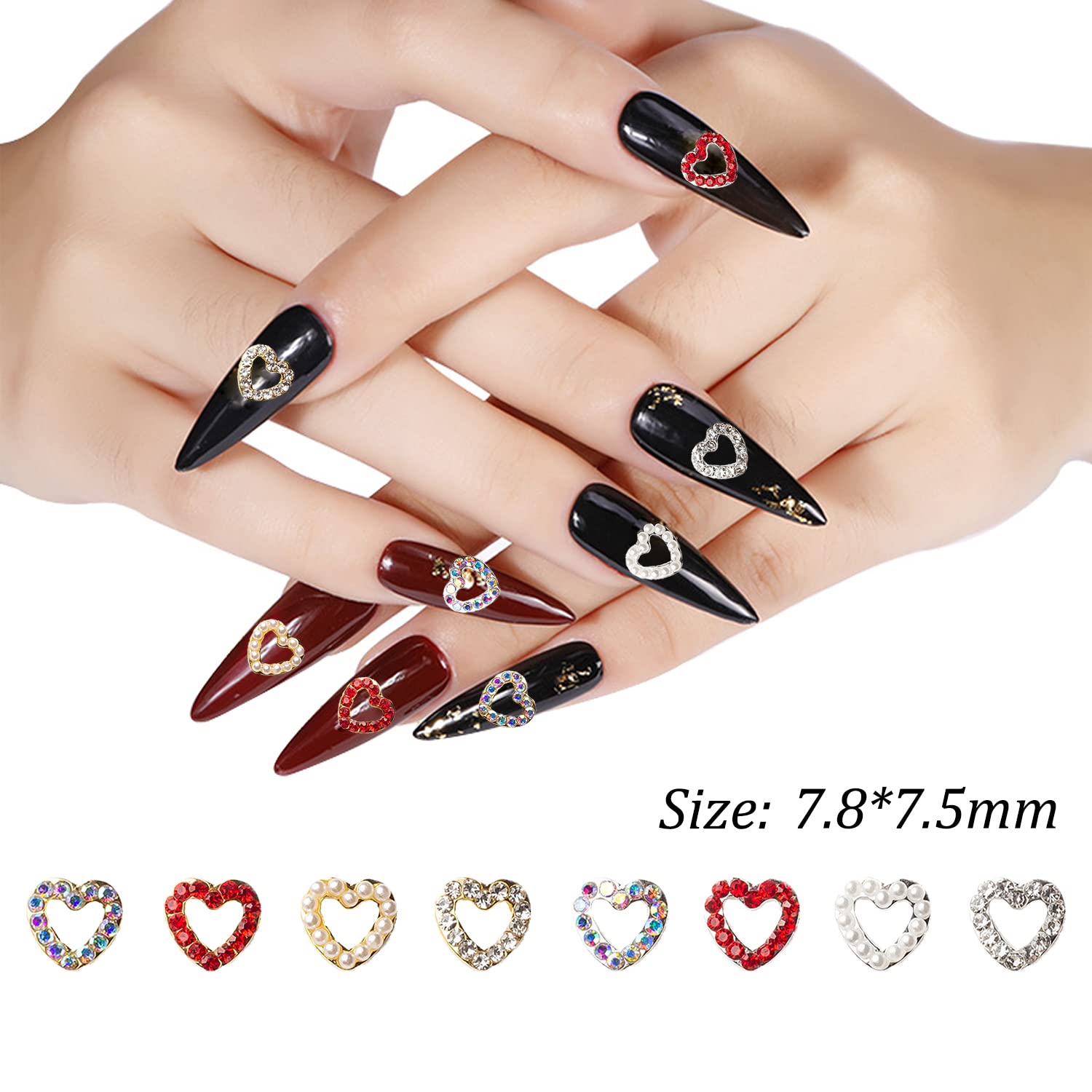 Close up view of pearl inlaid heart nail jewelry on an elegant manicured hand