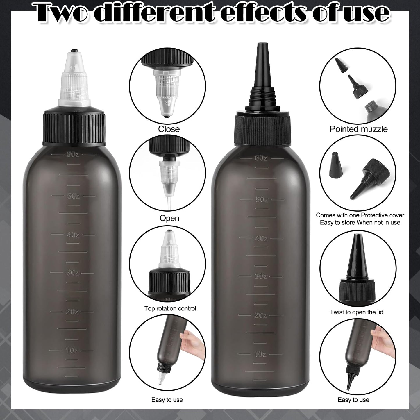Interchangeable storage caps and nozzle accessories included with the applicator set