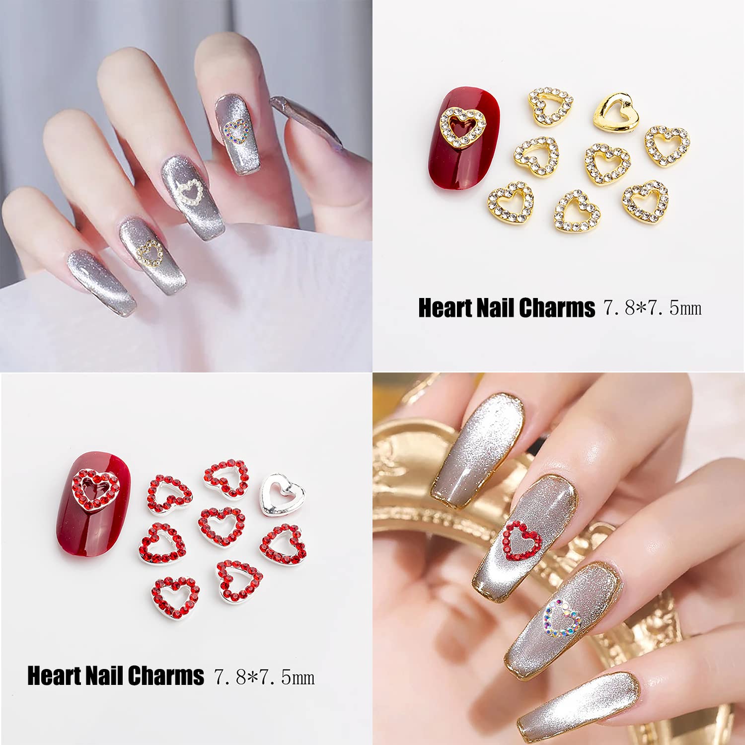 XEAOHESY 3D love heart nail gems applied neatly on extended acrylic gel nails