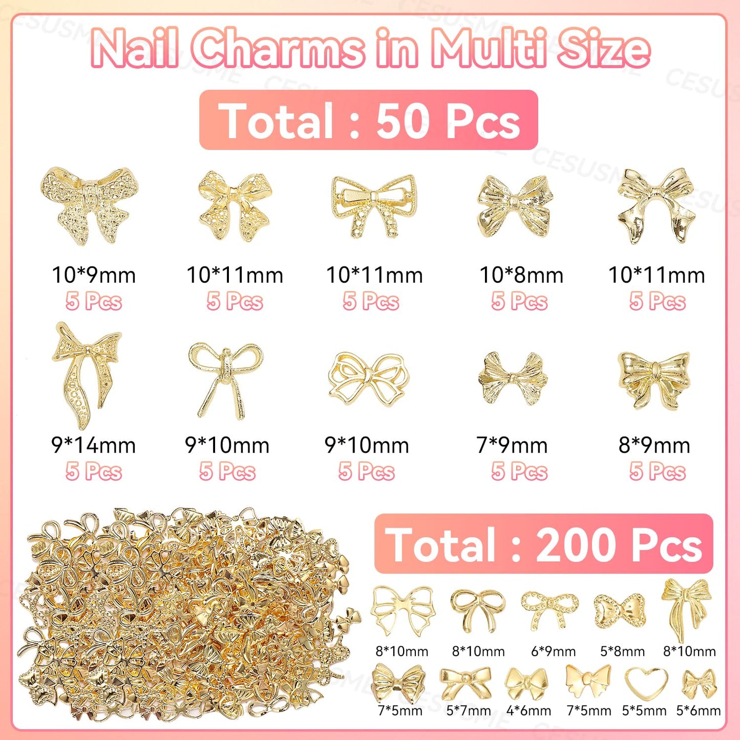 Close up of 3D golden bowknot charms for nail art