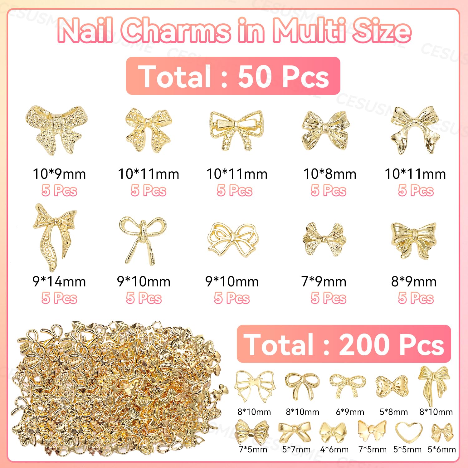 Close up of 3D golden bowknot charms for nail art