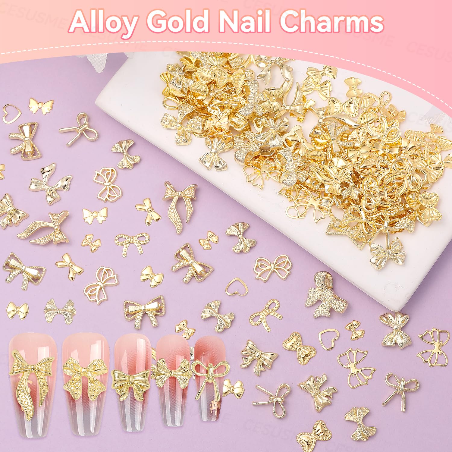 Assorted gold alloy nail art studs and bows in storage container