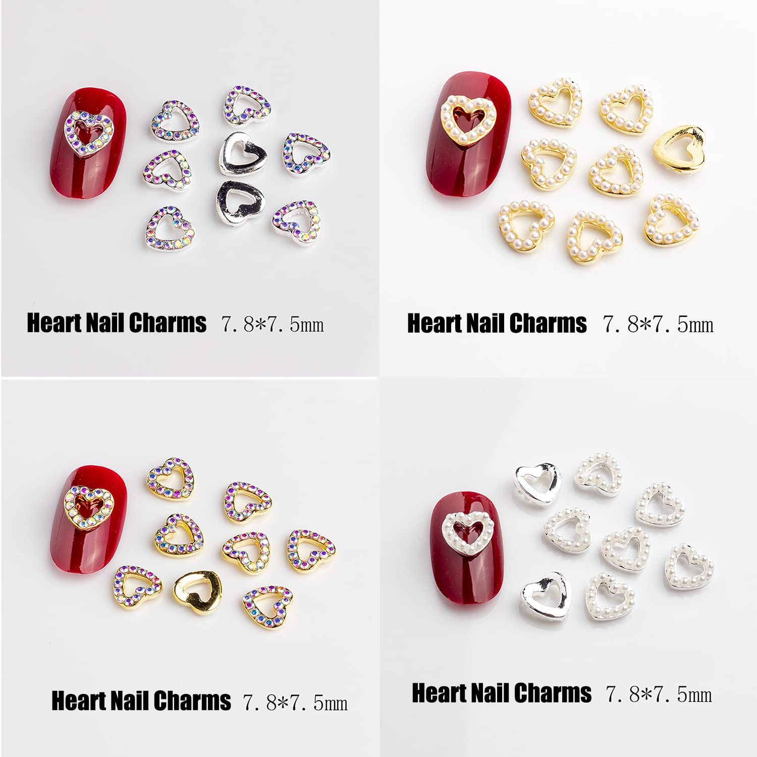Forty piece packaging collection of gold and silver romantic heart nail art decorations