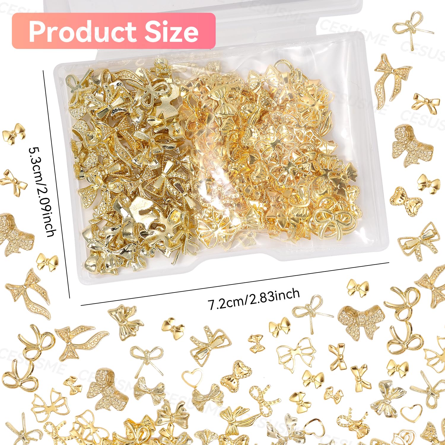 Model wearing elegant gold bow nail charms on acrylic manicure