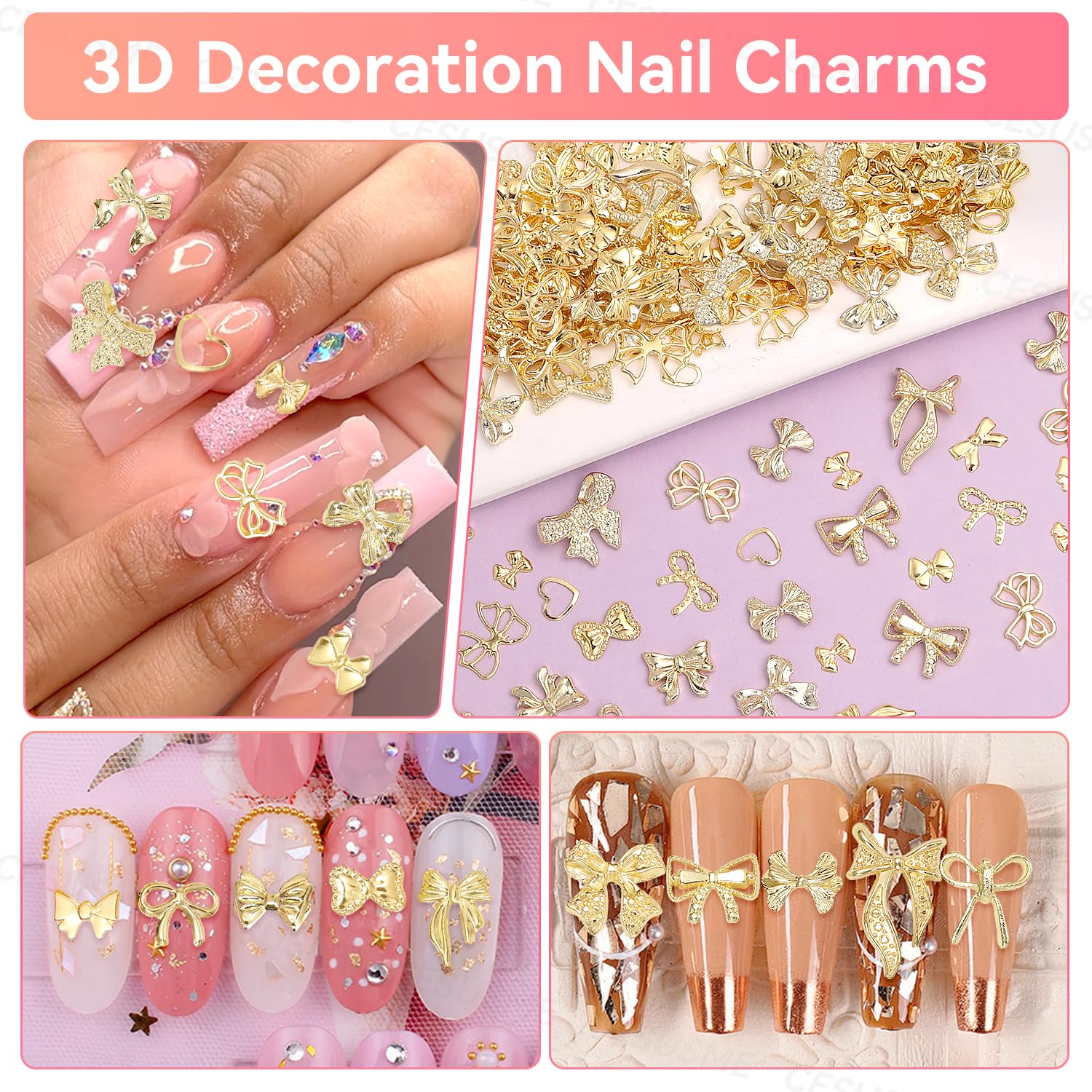 Top down view of 10 different styles of gold bow nail decorations