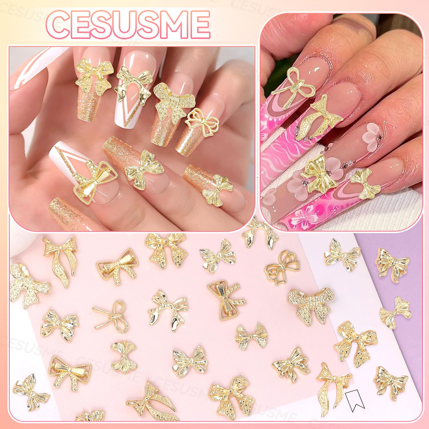 DIY nail art accessories featuring gold alloy bows on display