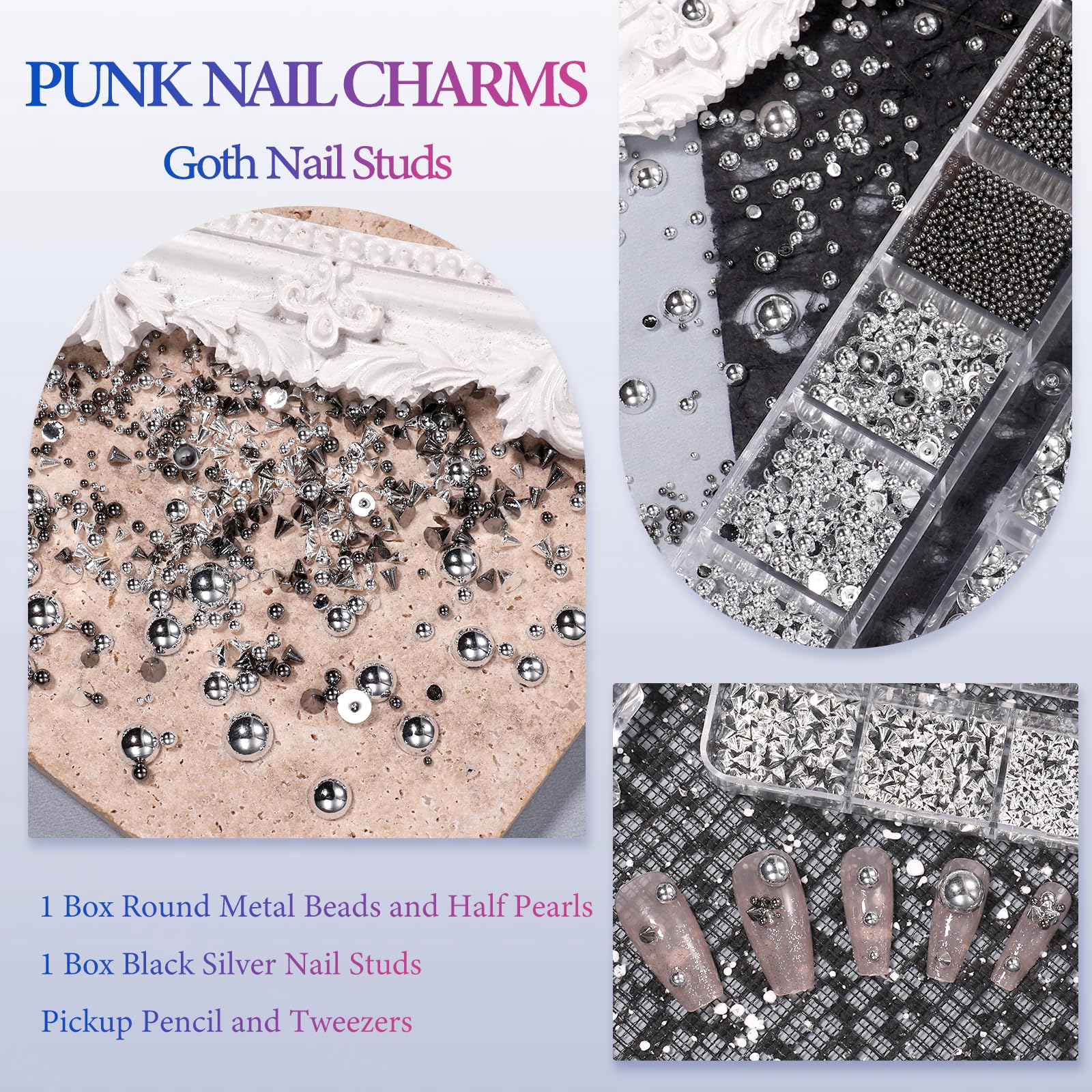 Close up of 3D metal nail studs in multi grid container