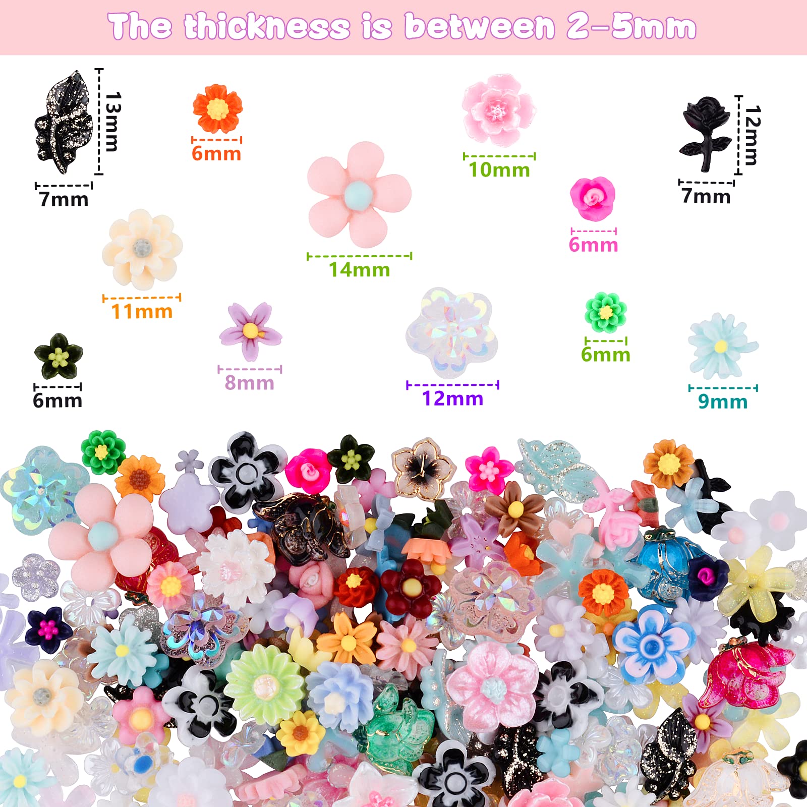 Assorted colorful floral flat back charms displayed on long acrylic manicure extension styles.
