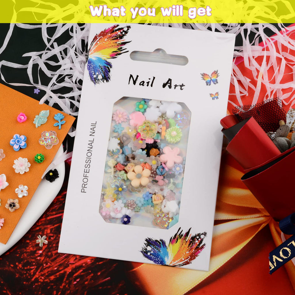 Manicure showcasing floral resin nail charms