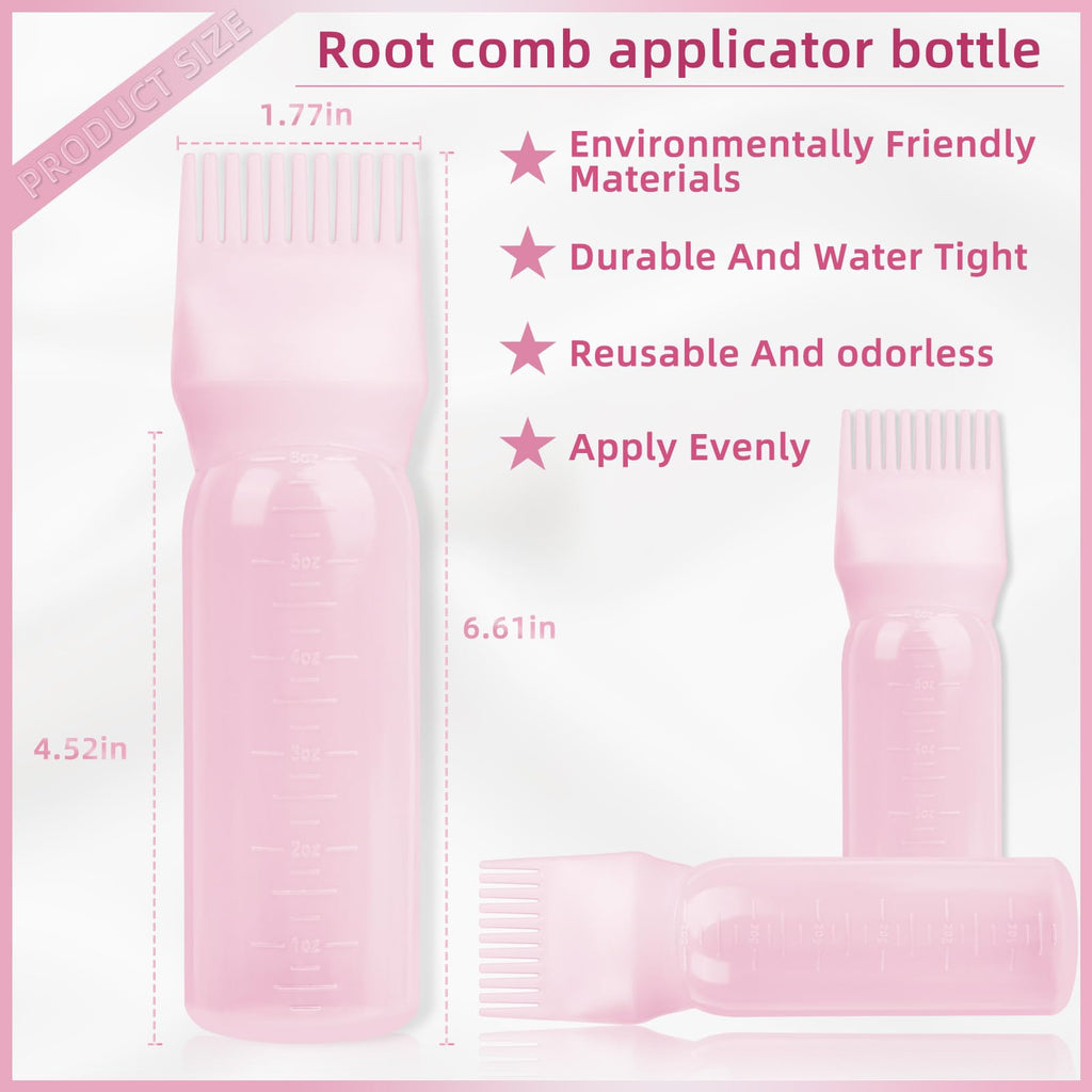 Side perspective of the pink six ounce hair oil dispenser bottle detailing the precise measurement scale.