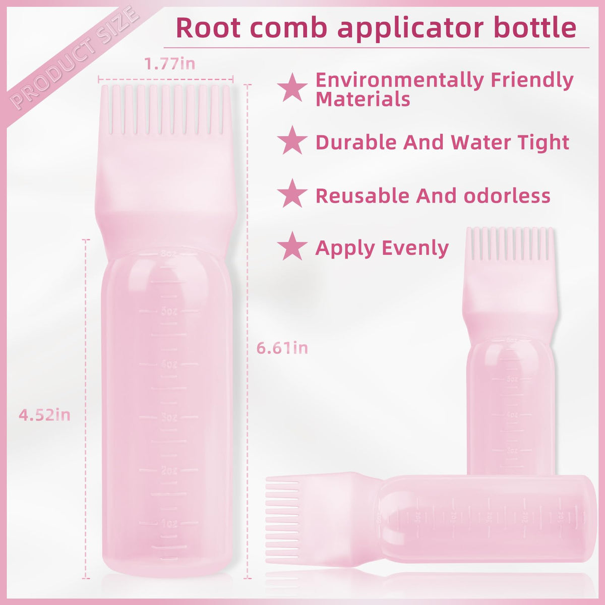 Side perspective of the pink six ounce hair oil dispenser bottle detailing the precise measurement scale.