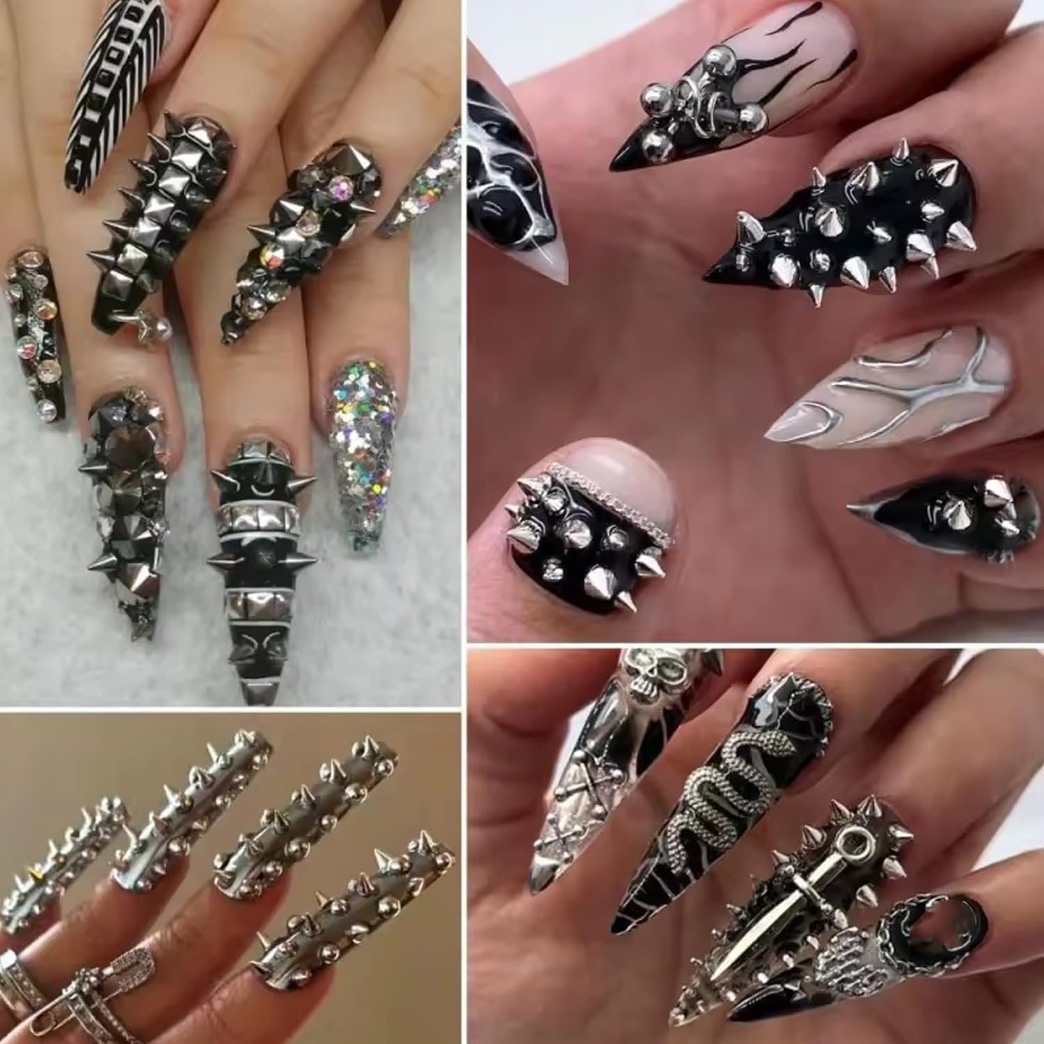 Close up of silver and black punk nail rivets and studs