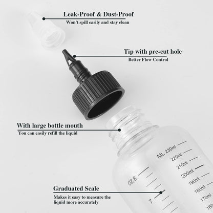 BESARME two pack plastic squeeze bottles showing the clear scale and pointed tip cap.