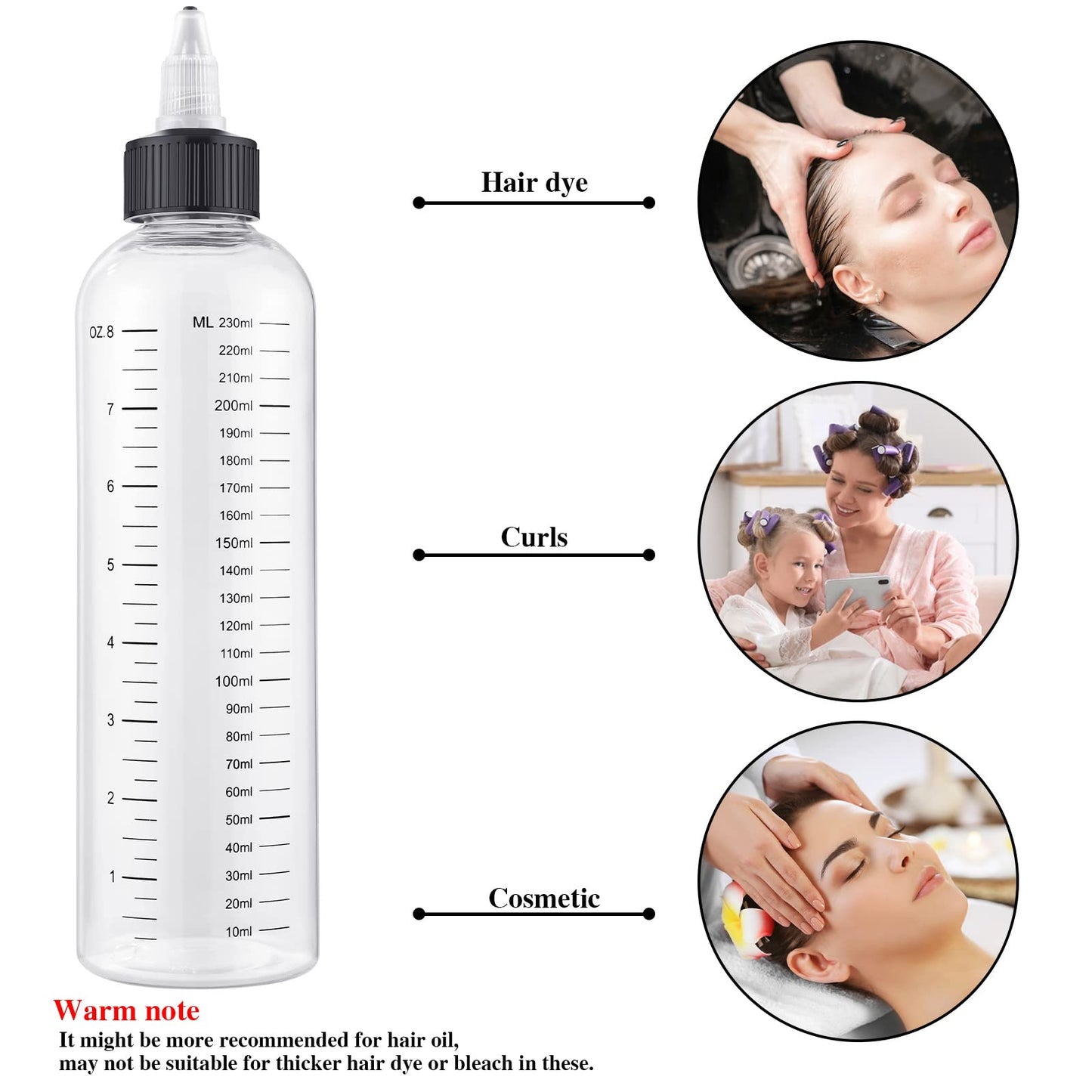 Flexible plastic body of BESARME hair squeeze bottle being compressed for flow control.