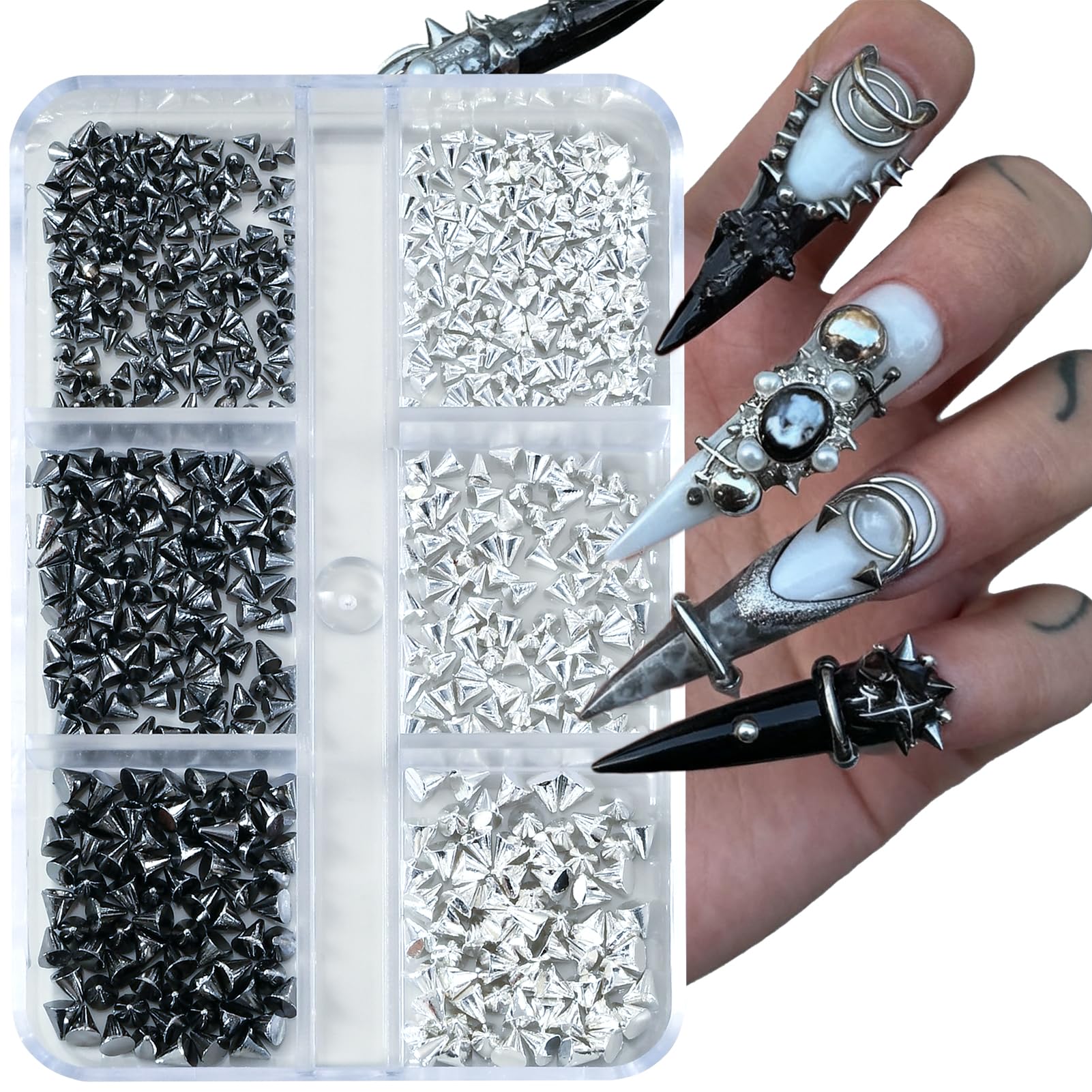 Close up of silver and black punk nail spikes and studs
