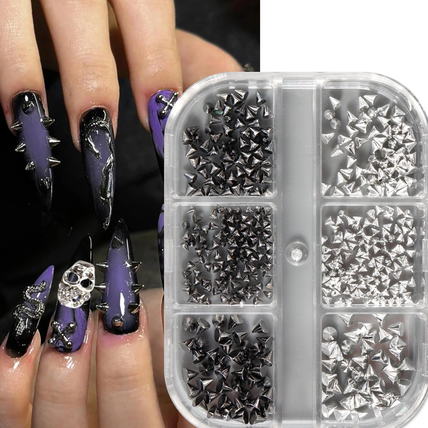 Top down view of mixed size metallic nail art studs for gothic design