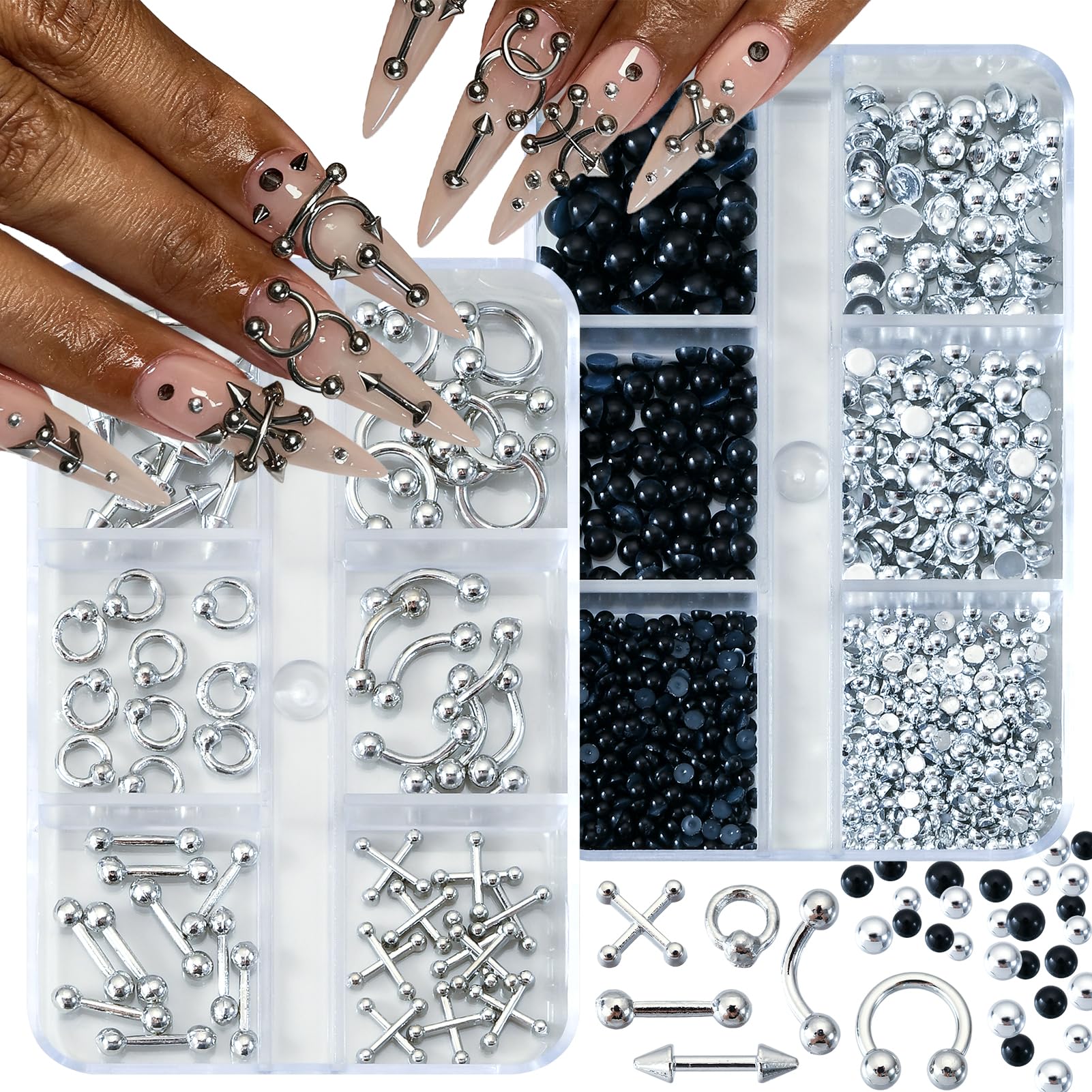 Assorted gothic metal nail rings and cross charms