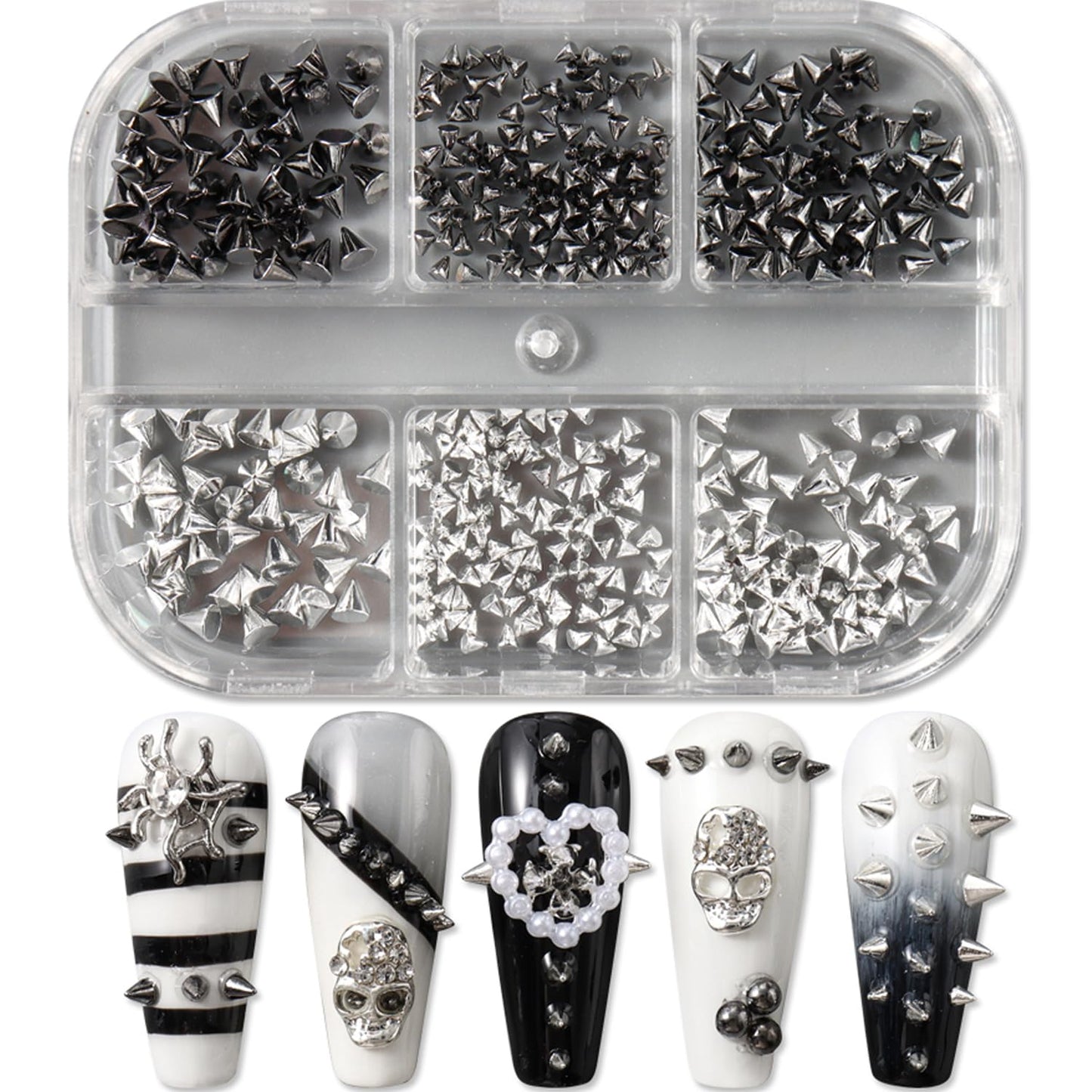 BSBTBZ metal nail art rivets organized in a 6-compartment box