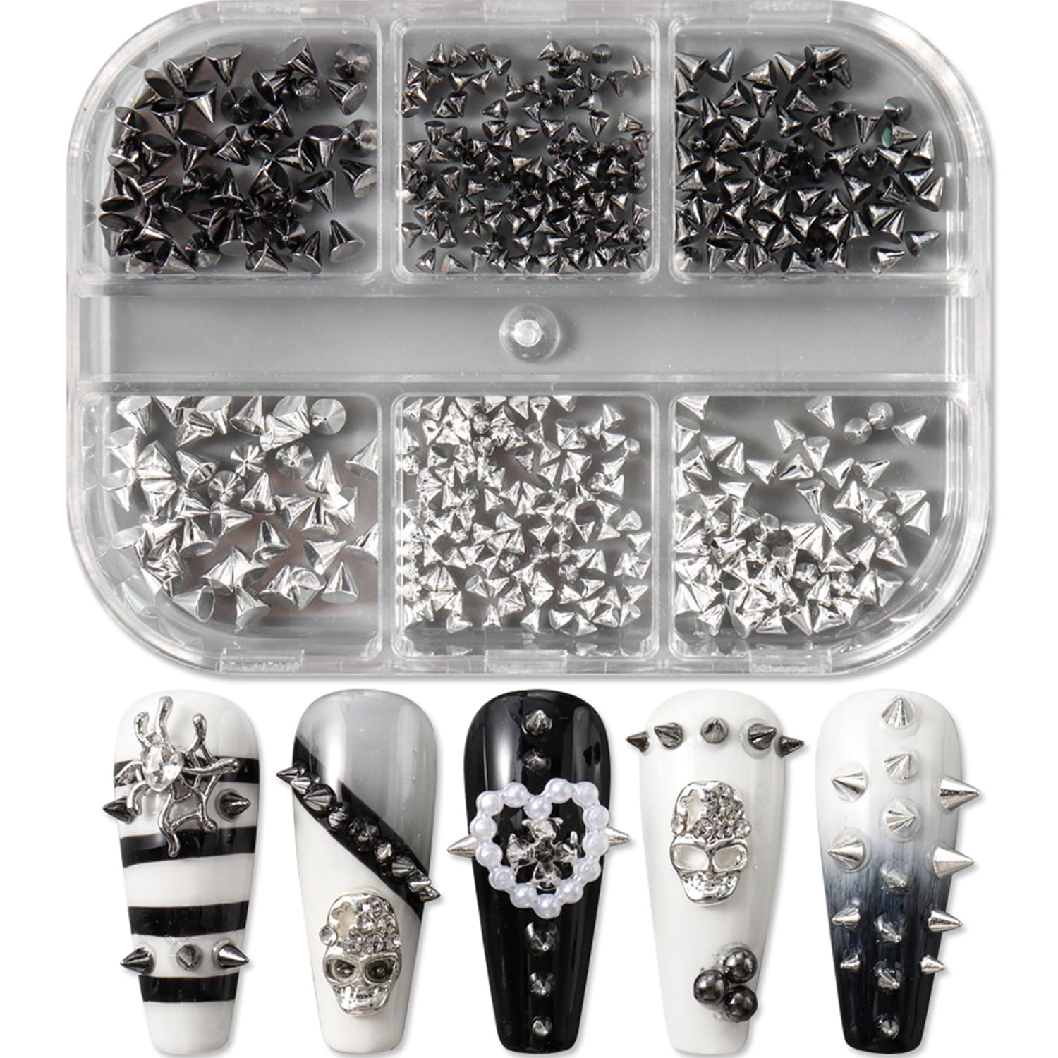 BSBTBZ metal nail art rivets organized in a 6-compartment box