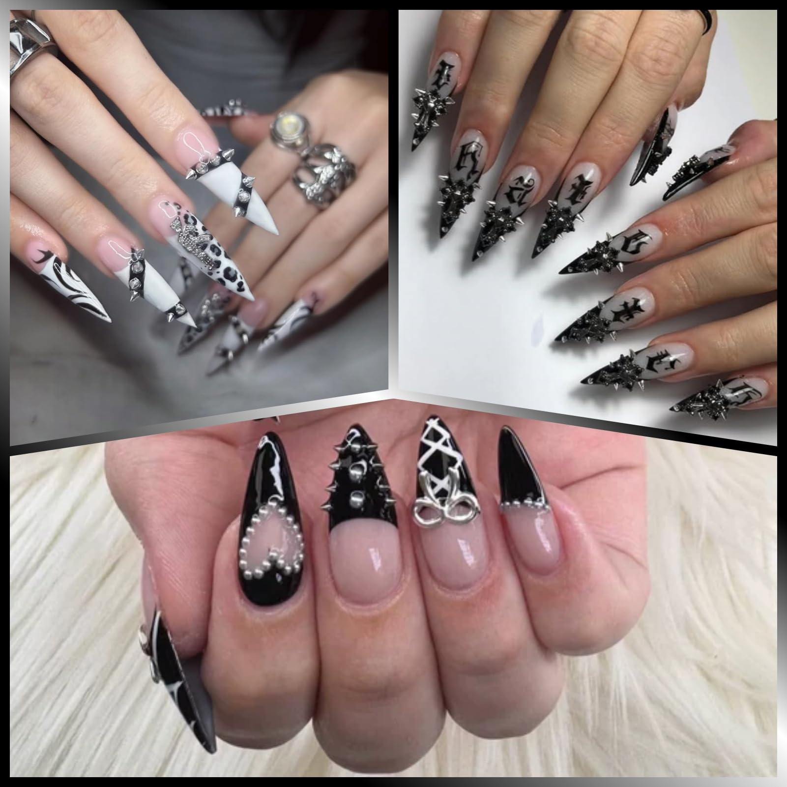 Professional DIY punk style nail art featuring metal charms