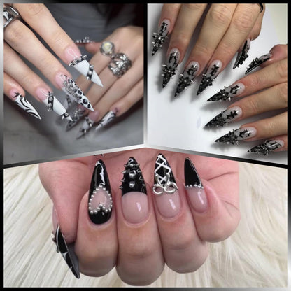 Professional DIY punk style nail art featuring metal charms
