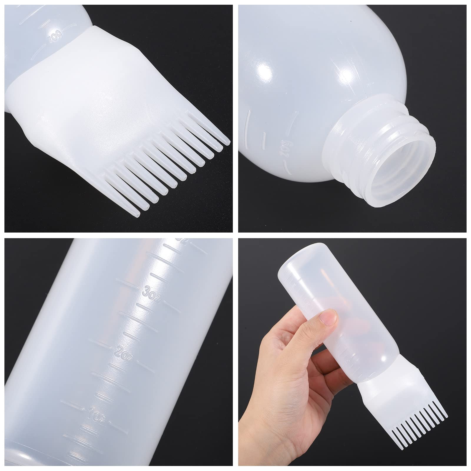 Pimoys white hair coloring bottle showing liquid flow through comb teeth