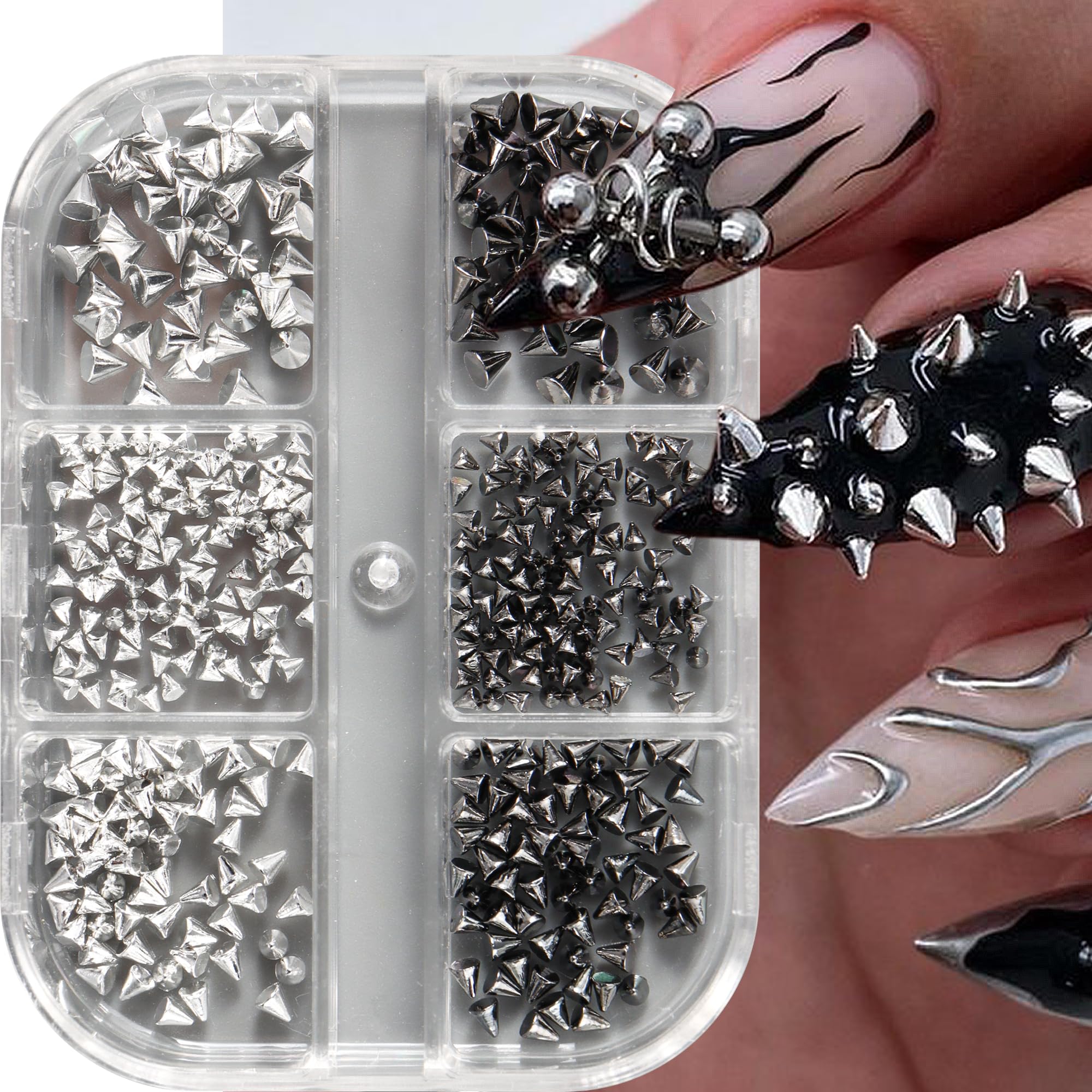 Close up look at the gothic spike charms and steel ball alloy rivets for detailed manicure styling