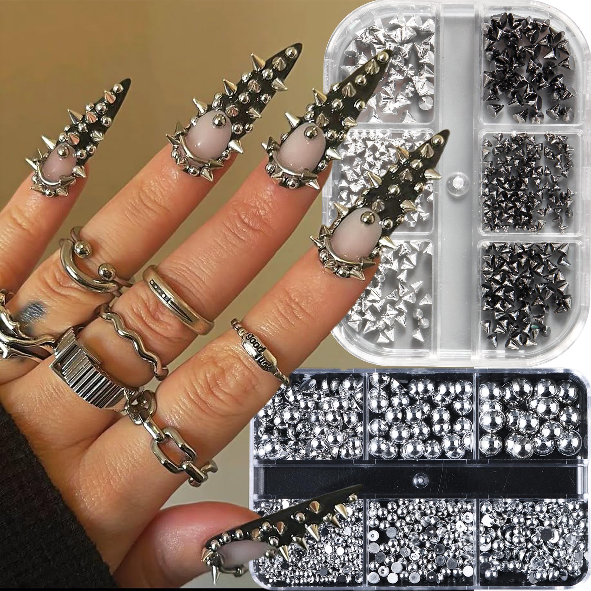 Premium metal alloy nail studs layout displaying the mixed sizes of black and gold cone spikes