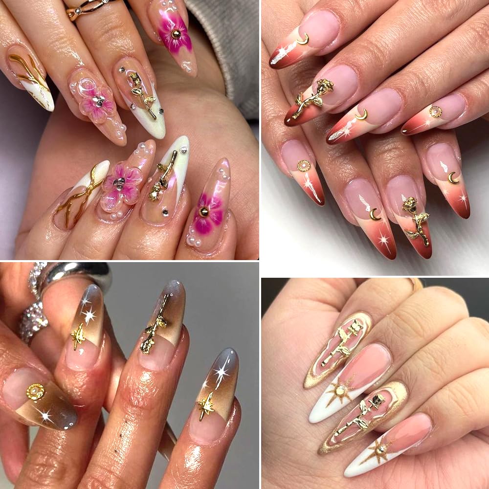 SUTOKAKA alloy gold rose nail jewels mixed styles side angle close up highlighting detailing on individual flower charms.