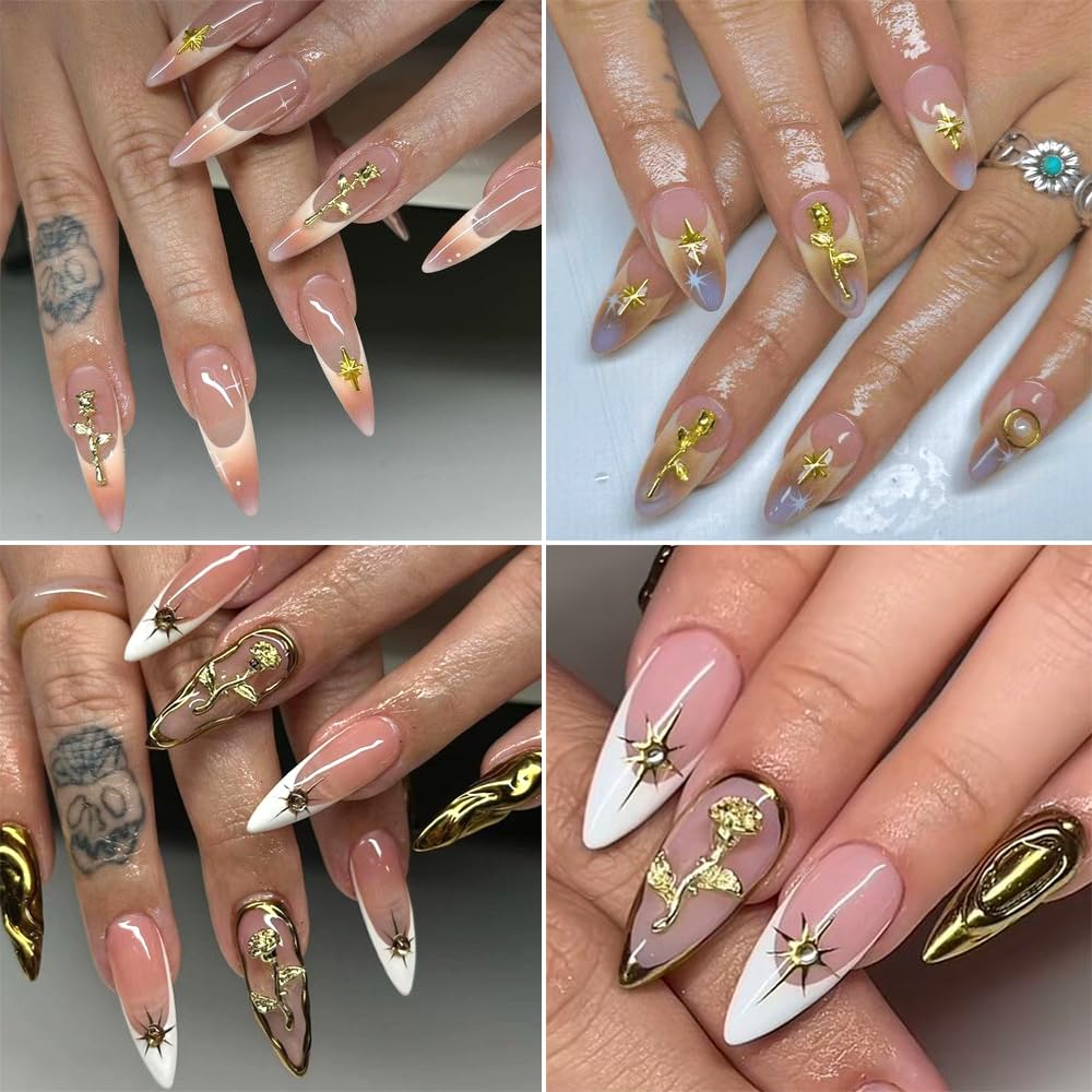 SUTOKAKA premium manicure supplies gold roses star studs and metal chains arranged on a stylized acrylic press on nail set.