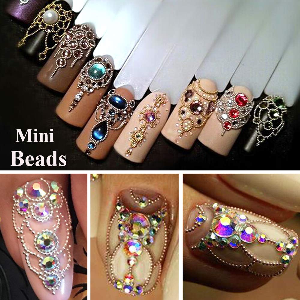 SUTOKAKA metallic micro nail balls in six different sizes alongside the included pink application tweezers.