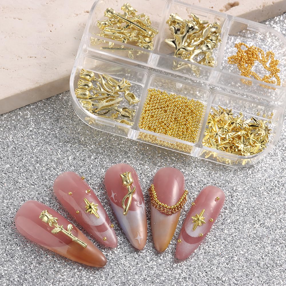 SUTOKAKA romantic style gold flower nail art charms overhead product placement showing variety in shapes and sizes.