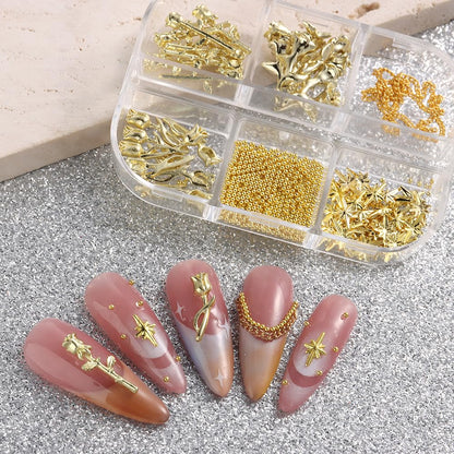 SUTOKAKA romantic style gold flower nail art charms overhead product placement showing variety in shapes and sizes.