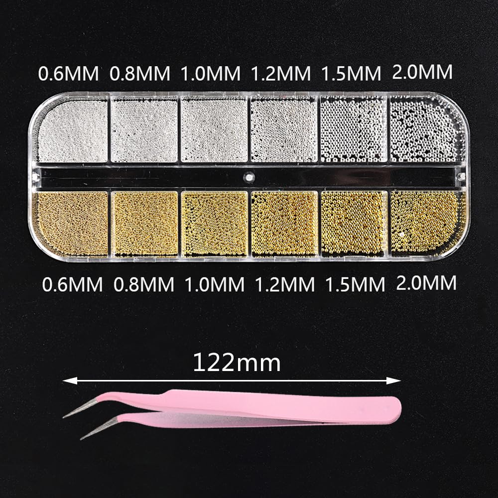 Close up view of the assorted gold and silver steel studs inside the clear compartment organizer.