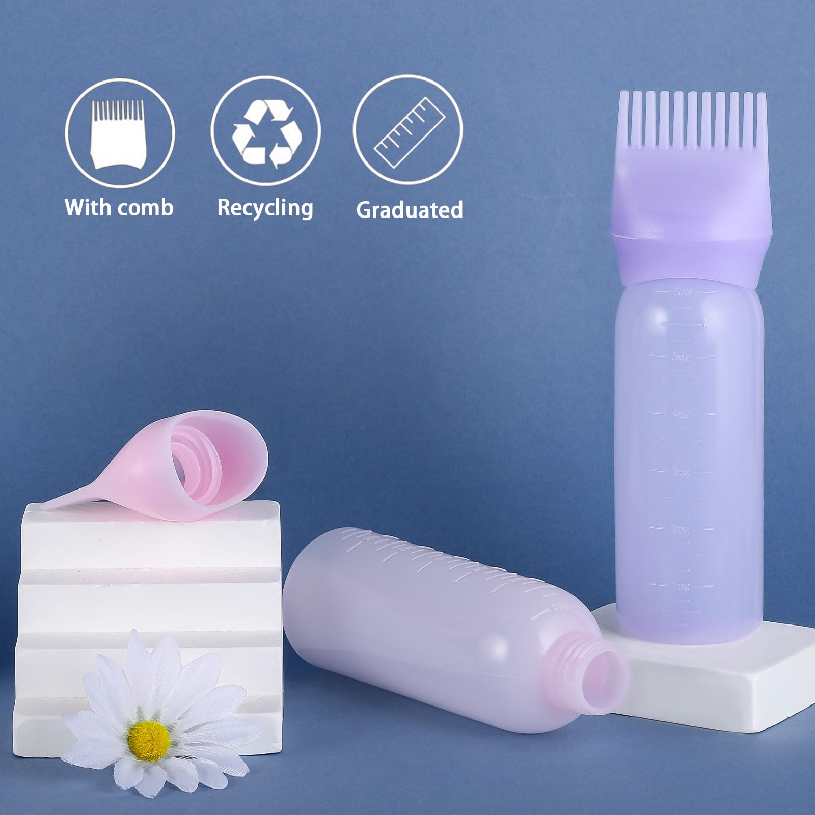 Translucent purple hair dye applicator bottle with clear measurement scale details.