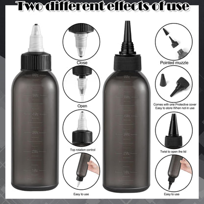 Six ounce hair dye applicator bottle showcasing the alternative precision nozzle dispensing cap for controlled spot application.