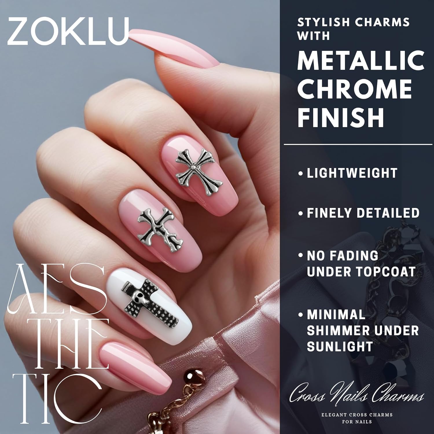 Manicure layout highlighting Y2K style nail art created with metallic punk cross accessories.