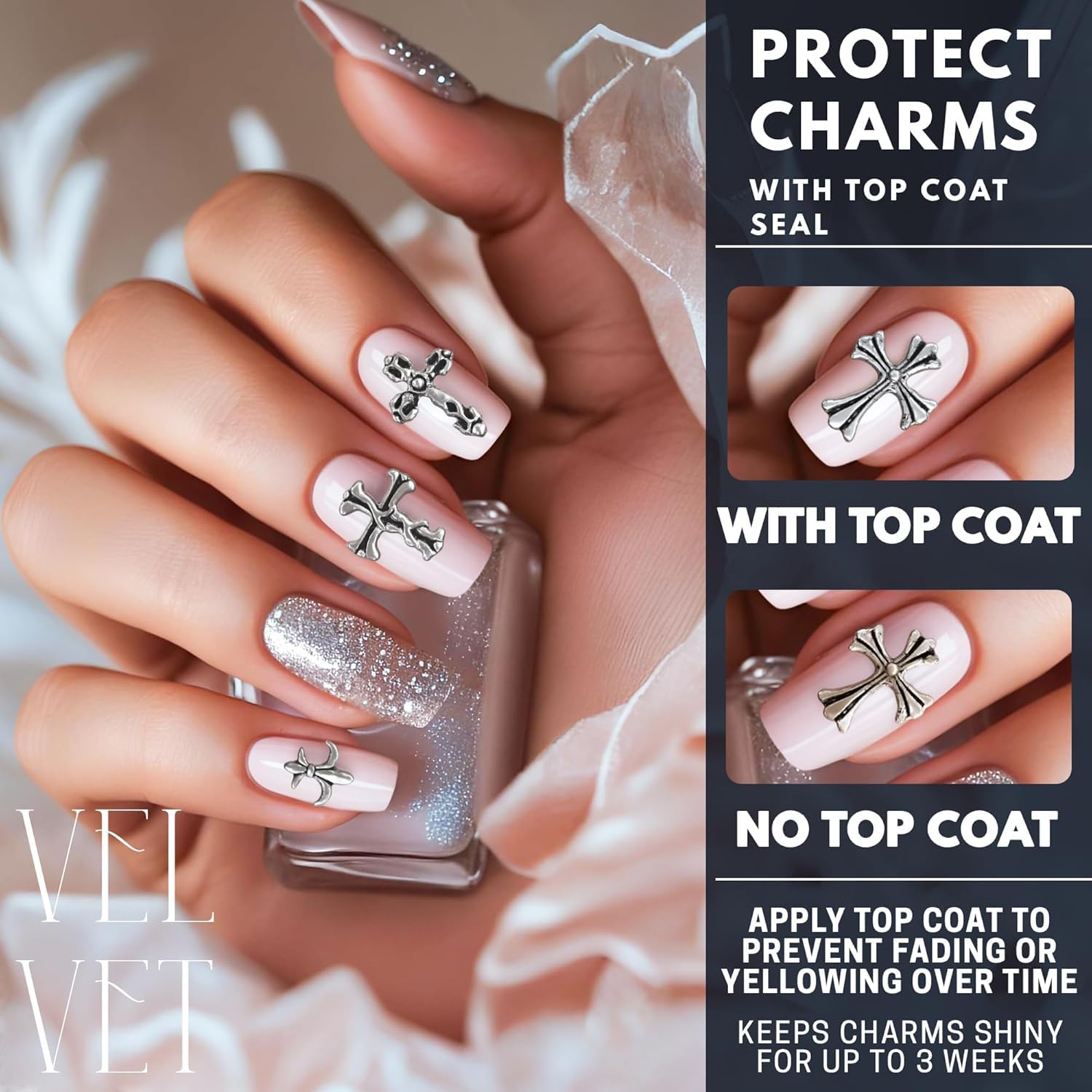 Close up view of professional salon extension nails featuring silver chrome punk jewelry elements.