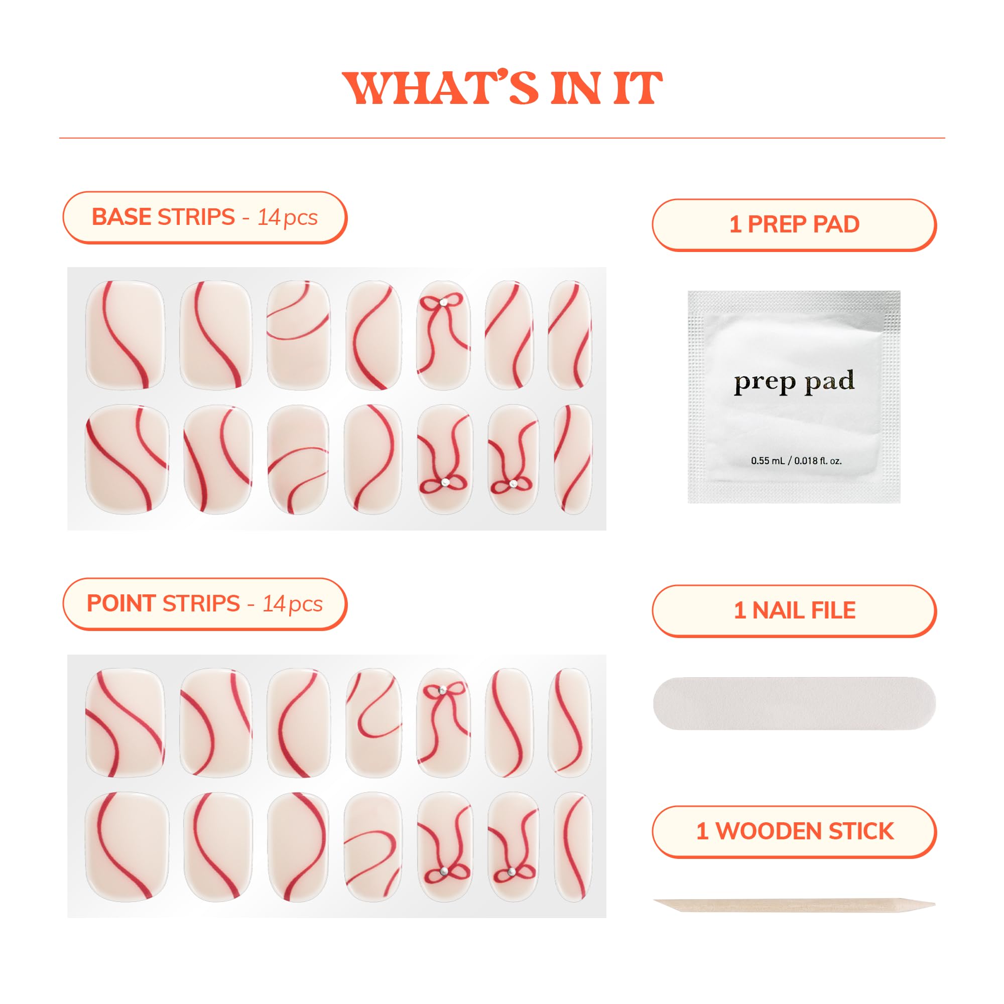 Contents of Heyhae nail kit including 28 strips and manicure tools