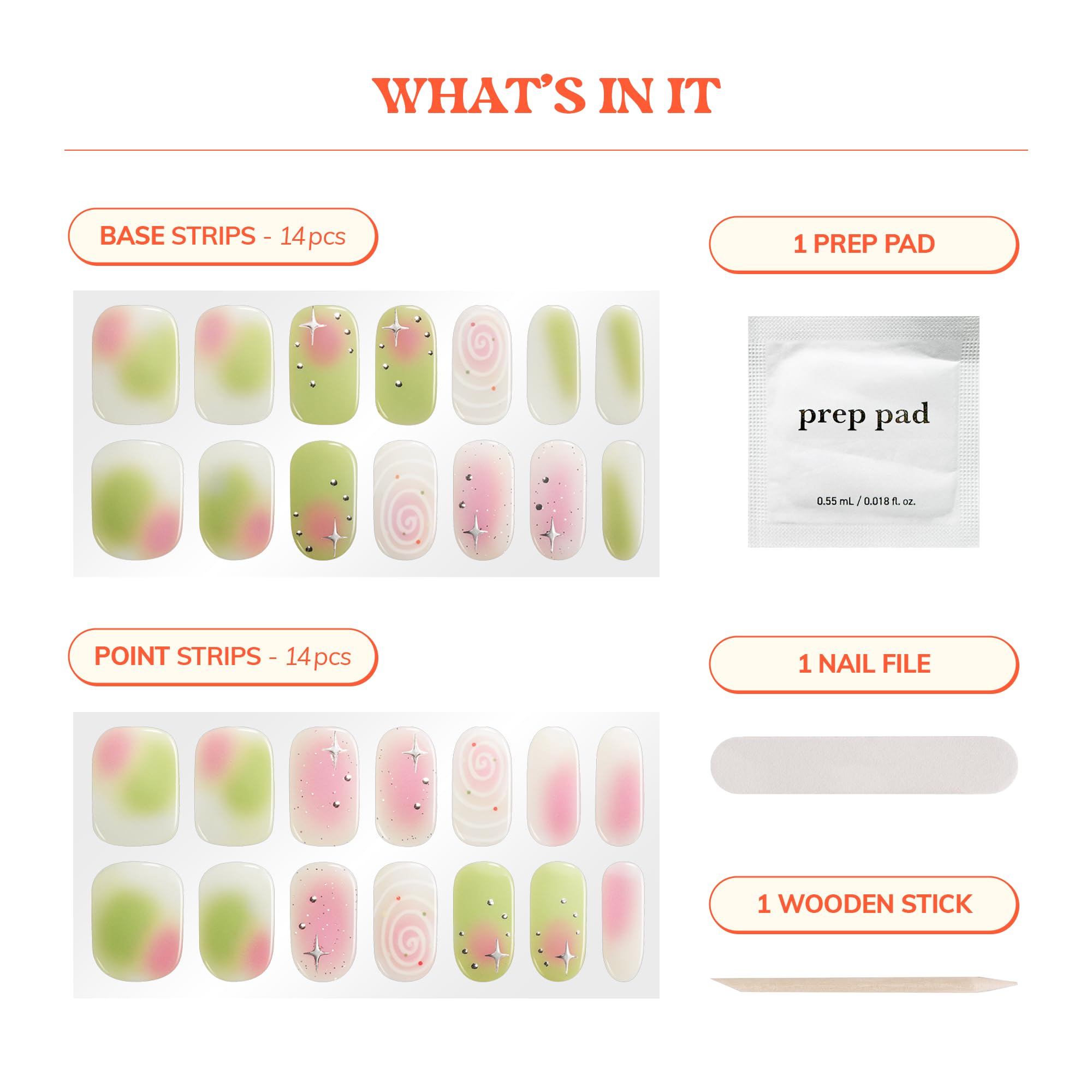 Contents of Heyhae nail kit including prep pad and file