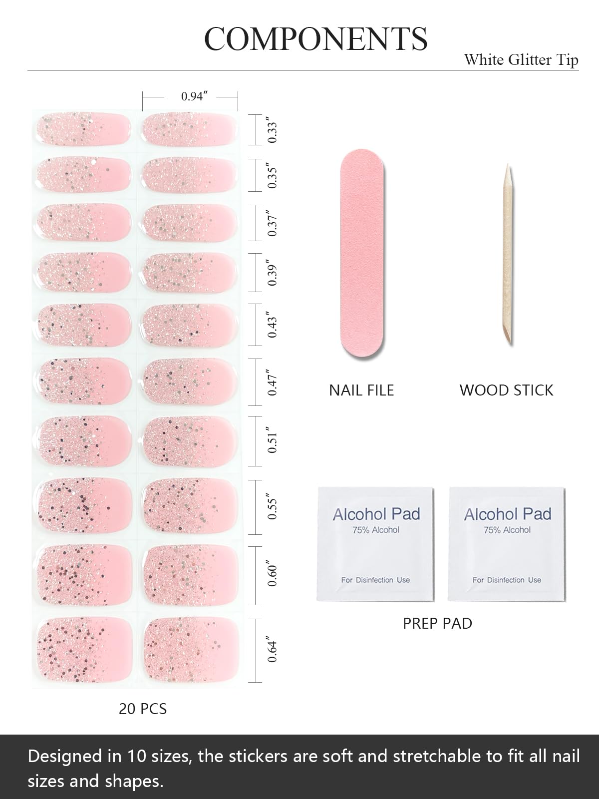Close up of 20 piece semi-cured gel nail stickers