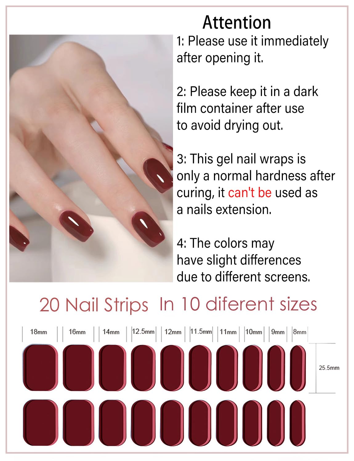 Close up of glossy wine red gel nail wrap application