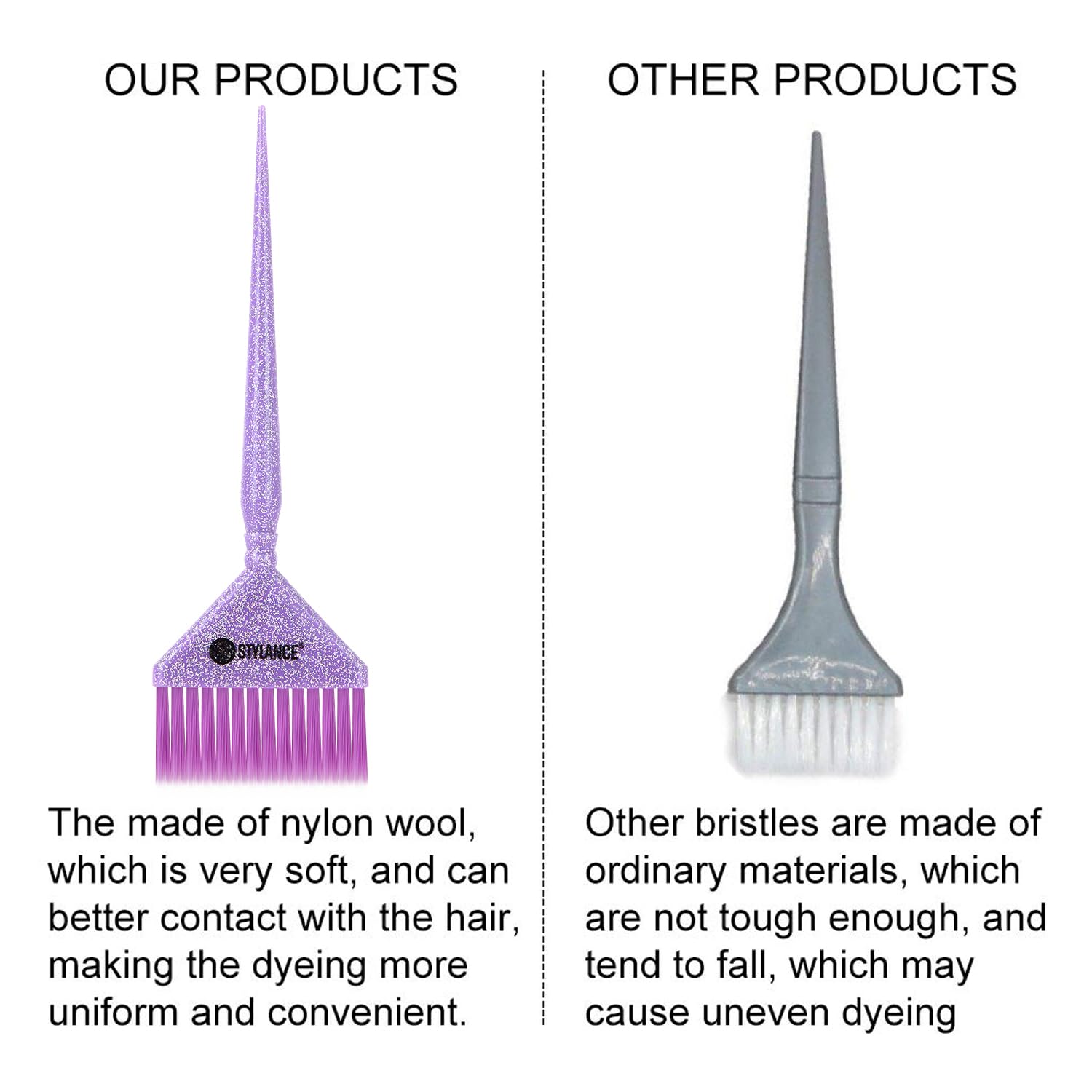 Stylance hair dyeing brushes showing pointed tail for hair sectioning.